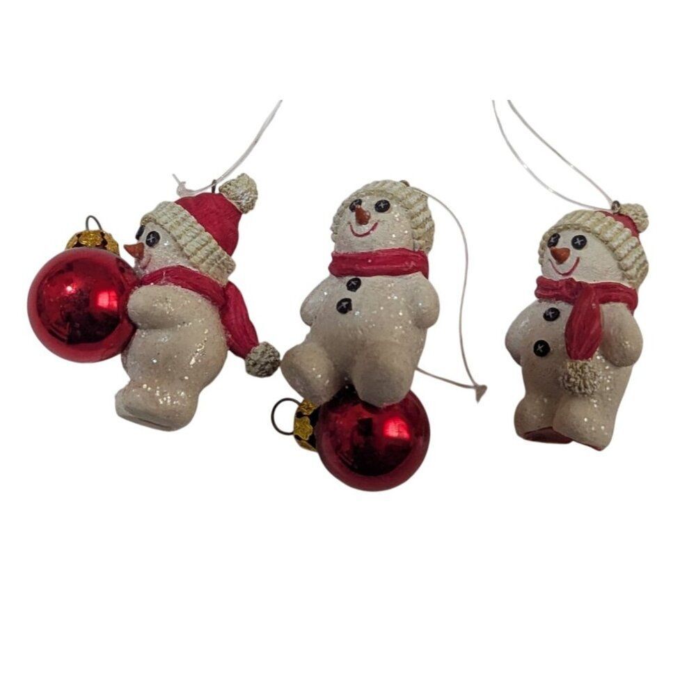 Set of‎ 3 Miniature Snowman Christmas Ornaments Red White Textured Holiday Decor